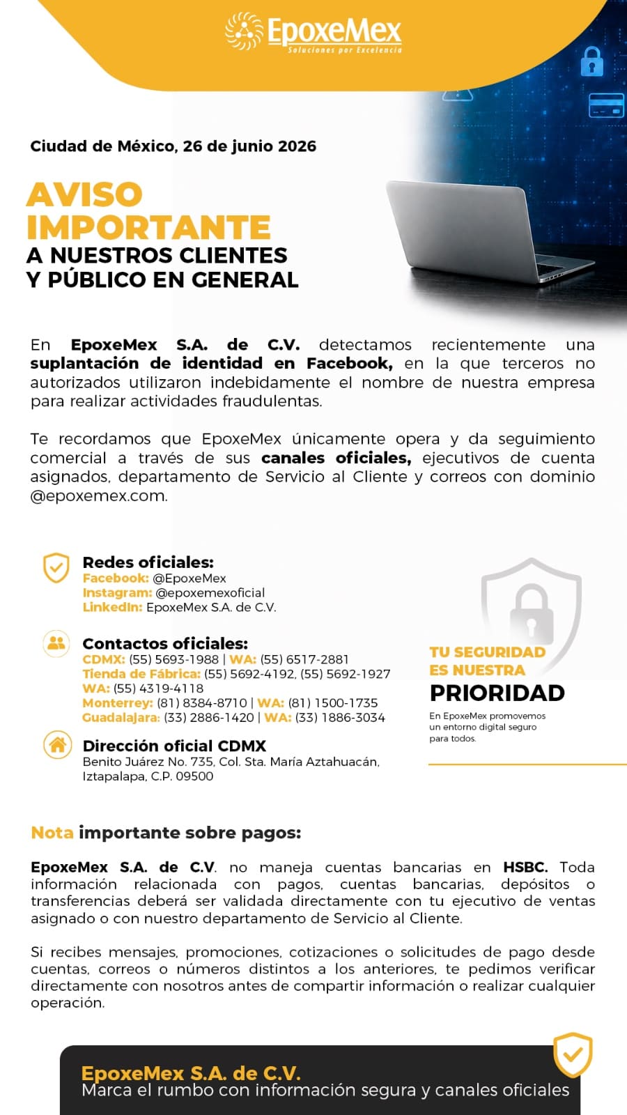 Aviso importante sobre suplantación de identidad